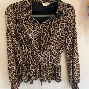 Brown and Black Ruched Tie Front Blouse with Notched Collar